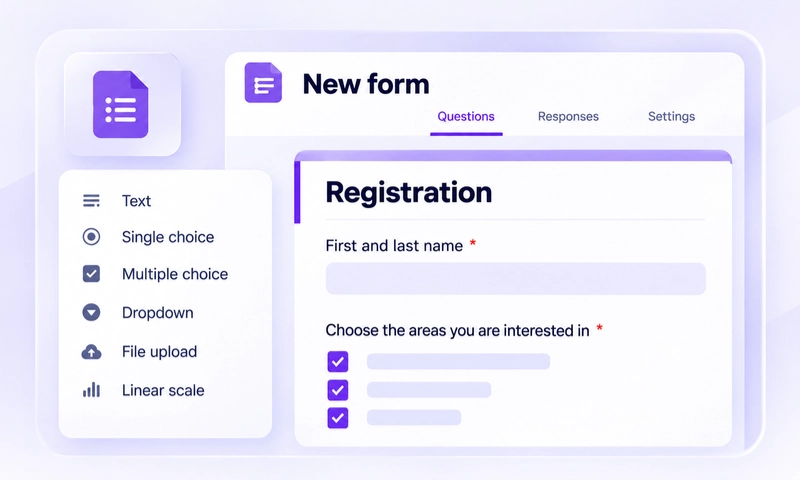 AI-assisted Google Forms builder with a registration form and question types