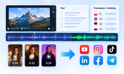 AI video production workflow with editing, transcription, multilingual dubbing, and social media formats
